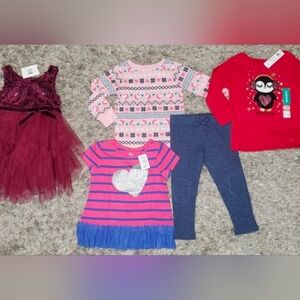 Size 2t Girl Burgundy Tulle Dress, Shirts Sweater Thermal & Pants x5 Item Bundle
